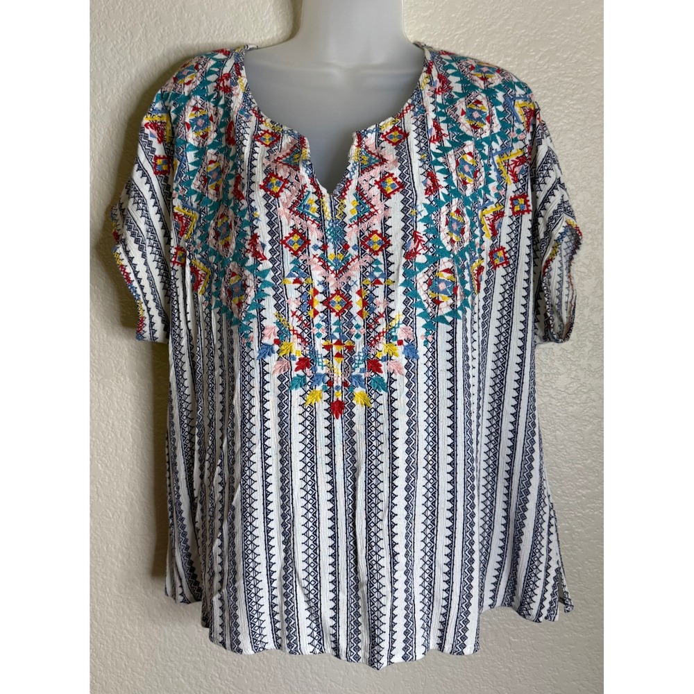 Savanna Jane Women 1X Top Colorful Embroidered Boho Festival Chic Aztec Western